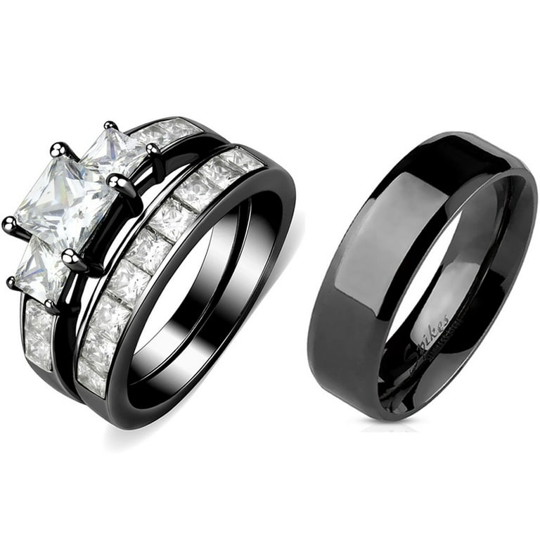 Bridal Wedding Bands Decorative Bands Stainless Steel Brushed Black IP Flat Three CZ Ring Size 7.5 